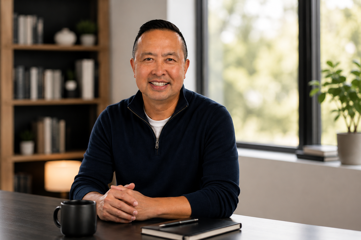 Eric Mallari, founder of Design Yourself, seated at a desk by a window with a notebook