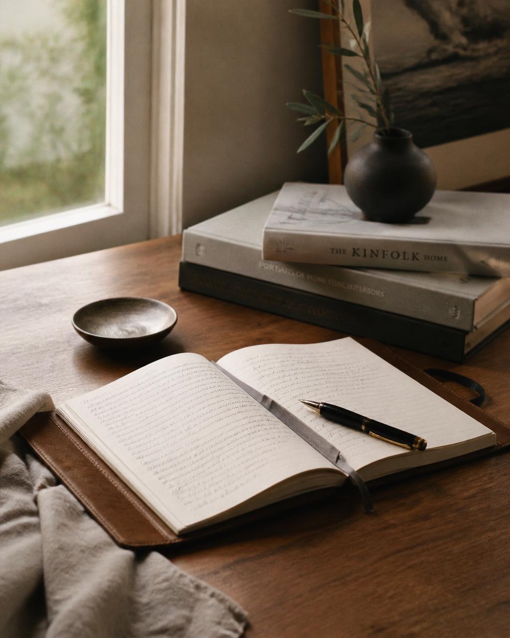 An open journal with handwritten notes and a pen on a wooden desk beside books in soft morning light