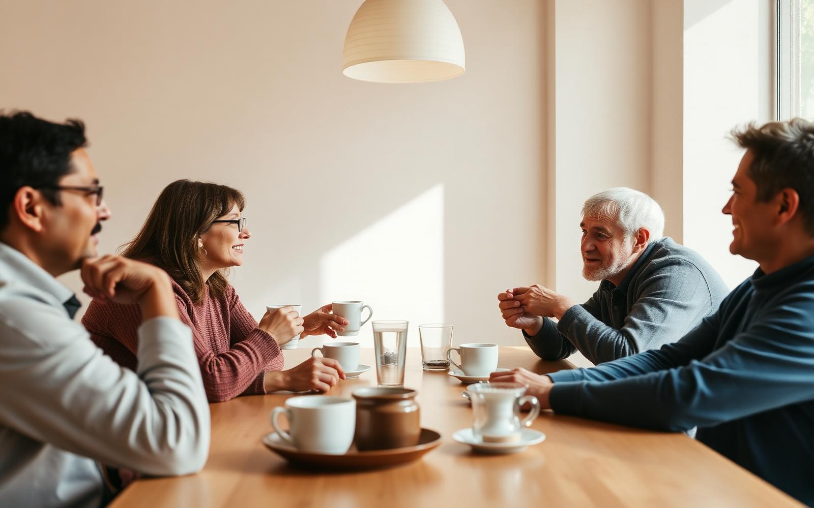 Adults in conversation over coffee