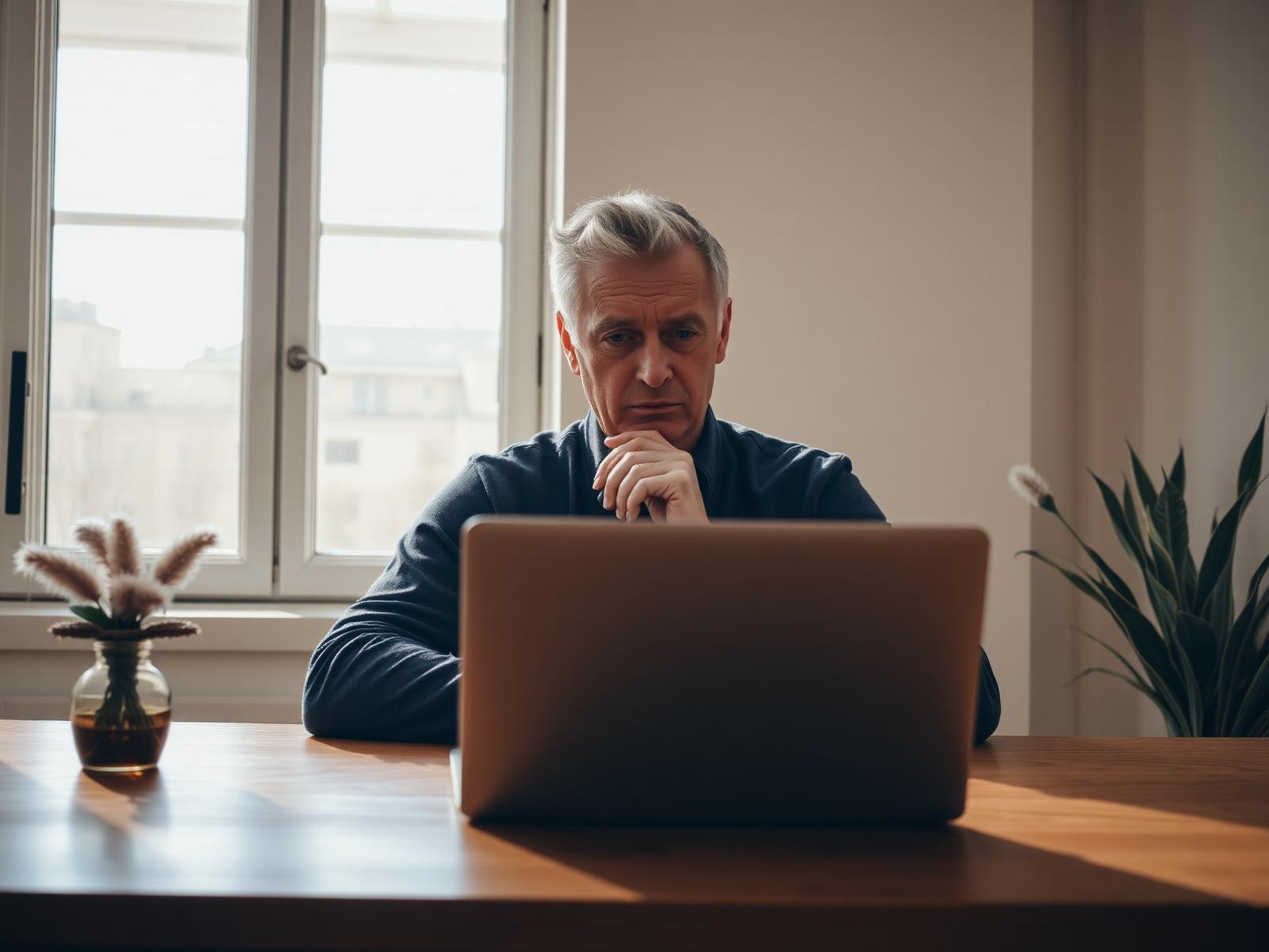 A thoughtful adult working at a sunlit desk
